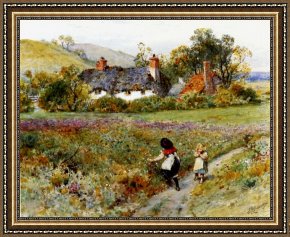 Playing Framed Paintings - Children Playing On A Path, Cottages Beyond by William Stephen Coleman