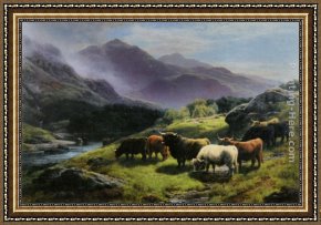 Cattle in a Pasture Framed Paintings - Highland Cattle Grazing by a Mountain Stream by William Watson