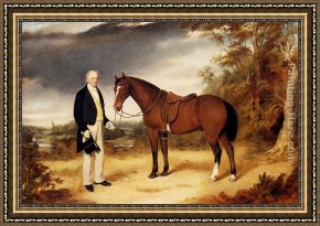 A Wooded Landscape Framed Paintings - A Gentleman Holding a Chestnut Hunter in a Wooded Landscape by William Webb