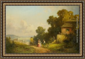 Village Street And Stairs with Figures Framed Paintings - Figures and a Carriage on a Path with a Village Beyond by Willy Moralt