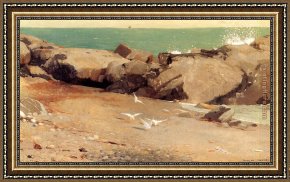 Rocky Coast Framed Paintings - Rocky Coast and Gulls by Winslow Homer
