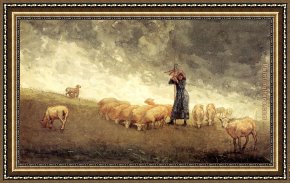 A Shepherd And His Dog Guarding a Flock of Sheep Framed Paintings - Shepherdess Tending Sheep by Winslow Homer