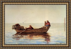 Boy Playing Flute Framed Paintings - Three Boys in a Dory with Lobster Pots by Winslow Homer