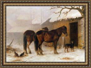 Pheasants in The Snow Framed Paintings - Horses in a Snow Covered Farm Yard by Wouterus Verschuur Jr