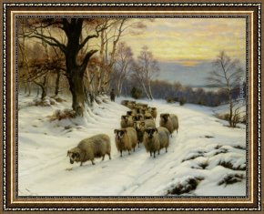 Shepherd Framed Paintings - A Shepherd and his Flock on a Path in Winter by Wright Barker