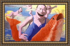 Miracle of The Bread And Fish Framed Paintings - Drive the Fish by Yue Minjun