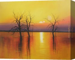 Water-mill Canvas Paintings - Sunset trees & water by 2010