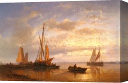 Calm Canvas Paintings - Dutch Fishing Vessels In A Calm At Sunset by Abraham Hulk Snr