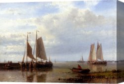 Calm Canvas Paintings - Shipping In A Calm Estuary by Abraham Hulk Snr