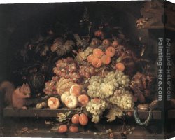 Still Life with Flowers And Fruit Canvas Paintings - Fruit Still-Life with Squirrel and Goldfinch by Abraham Mignon