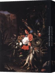 The Bird Seller Canvas Paintings - Still-Life with Fishes and Bird Nest by Abraham Mignon