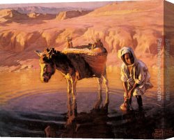 Calves Watering Canvas Paintings - At the Watering Hole by Adam Styka
