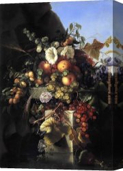 Still Life with Flowers And Fruit Canvas Paintings - Still Life with Grapes_ Peaches_ Flowers and a Butterfly by Adelheid Dietrich