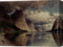 Cloudy Canvas Paintings - A Cloudy Day On A Fjord by Adelsteen Normann