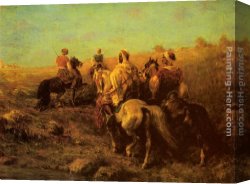 Calves Watering Canvas Paintings - Arabian Horseman near a Watering Place by Adolf Schreyer