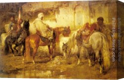 Calves Watering Canvas Paintings - At the Watering Place by Adolf Schreyer