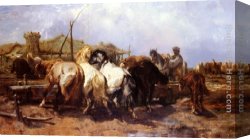 Calves Watering Canvas Paintings - The Watering Place by Adolf Schreyer