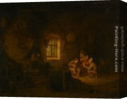 Peasant Canvas Paintings - A Tavern Interior with Peasants Drinking Beneath a Window by Adriaen van Ostade