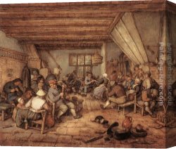 Peasant Canvas Paintings - Feasting Peasants in a Tavern by Adriaen van Ostade