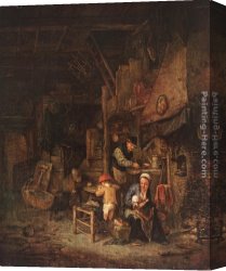 Family Canvas Paintings - Interior with a Peasant Family by Adriaen van Ostade