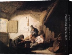 Village Street And Stairs with Figures Canvas Paintings - Village Tavern with Four Figures by Adriaen van Ostade