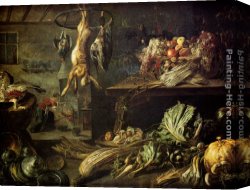 Peasant Interior Canvas Paintings - Kitchen Interior With Still Life, Maid By The Fire by Adrian van Utrecht