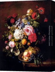 Pears And Grapes on a Table Canvas Paintings - Roses, Peonies, Poppies, Tulips And Syringa In A Terracotta Pot With Peaches And Grapes On A Copper Ewer On A Draped Marble Ledge by Adriana-Johanna Haanen