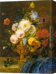 Still Life with Flowers And Fruit Canvas Paintings - Still Life with Flowers in a Golden Vase by Adriana-Johanna Haanen