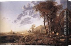 Evening Landscape Canvas Paintings - Evening Landscape with Horsemen and Shepherds by Aelbert Cuyp