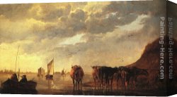 Cows Canvas Paintings - Herdsman with Cows by a River by Aelbert Cuyp