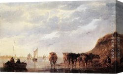 Cows Canvas Paintings - Herdsman with Five Cows by a River by Aelbert Cuyp