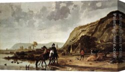 Lord Rivers' Roan Mare in a Landscape Canvas Paintings - Large River Landscape with Horsemen by Aelbert Cuyp