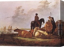 Peasant Canvas Paintings - Peasants with Four Cows by the River Merwede by Aelbert Cuyp