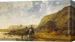 Lord Rivers' Roan Mare in a Landscape Canvas Paintings - River Landscape with Riders by Aelbert Cuyp