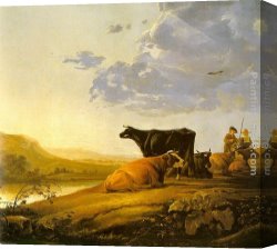 Cows Canvas Paintings - Young Herdsman with Cows by Aelbert Cuyp