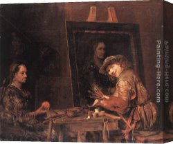Portrait of a Woman Canvas Paintings - Self-Portrait at an Easel Painting an Old Woman by Aert de Gelder