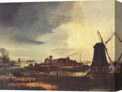 Der Jubil Canvas Paintings - Landscape with Windmill by Aert van der Neer