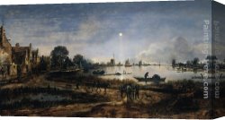 Der Jubil Canvas Paintings - River View by Moonlight by Aert van der Neer