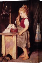 Young Peasant Girl with a Stick Canvas Paintings - Young Girl Combing Her Hair by Agathe Rostel