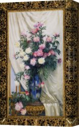 Musician's Table Canvas Paintings - Peonies in a Blue Vase on a Draped Regency Giltwood Console Table by Albert Aublet
