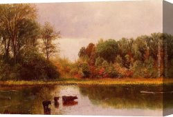 Calves Watering Canvas Paintings - Cows Watering in a Landscape by Albert Bierstadt