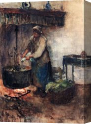 Peasant Canvas Paintings - A Cottage Interior With A Peasant Woman Preparing Supper by Albert Neuhuys