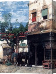 A Mediterranean Courtyard Canvas Paintings - In The Courtyard by Alberto Pasini