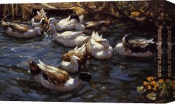 Koester Canvas Paintings - Ducks in the Reeds under the Boughs by Alexander Koester