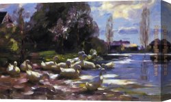 Sunny Canvas Paintings - Ducks on a Riverbank on a Sunny Afternoon by Alexander Koester
