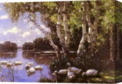 Hund Fuchs Und Katze Canvas Paintings - Elf Enten Unter Birken Und Im Wasser by Alexander Koester