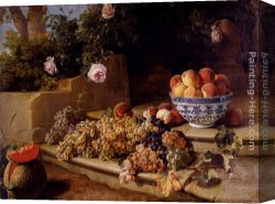 Stone Canvas Paintings - Still Life Of Grapes, Peaches In A Blue And White Porcelain Bowl And A Melon, Resting On A Stone Stairway by Alexandre-Francois Desportes