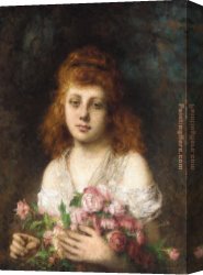 Alexei Canvas Paintings - Auburn-haired Beauty with Bouqet of Roses by Alexei Alexeivich Harlamoff