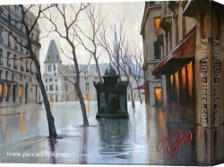 Butirskiy Canvas Paintings - Paris Plaza With Kiosk by Alexei Butirskiy