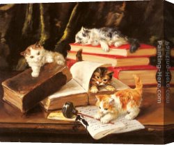 Neuville Canvas Paintings - Kittens Playing on a Desk by Alfred Brunel de Neuville